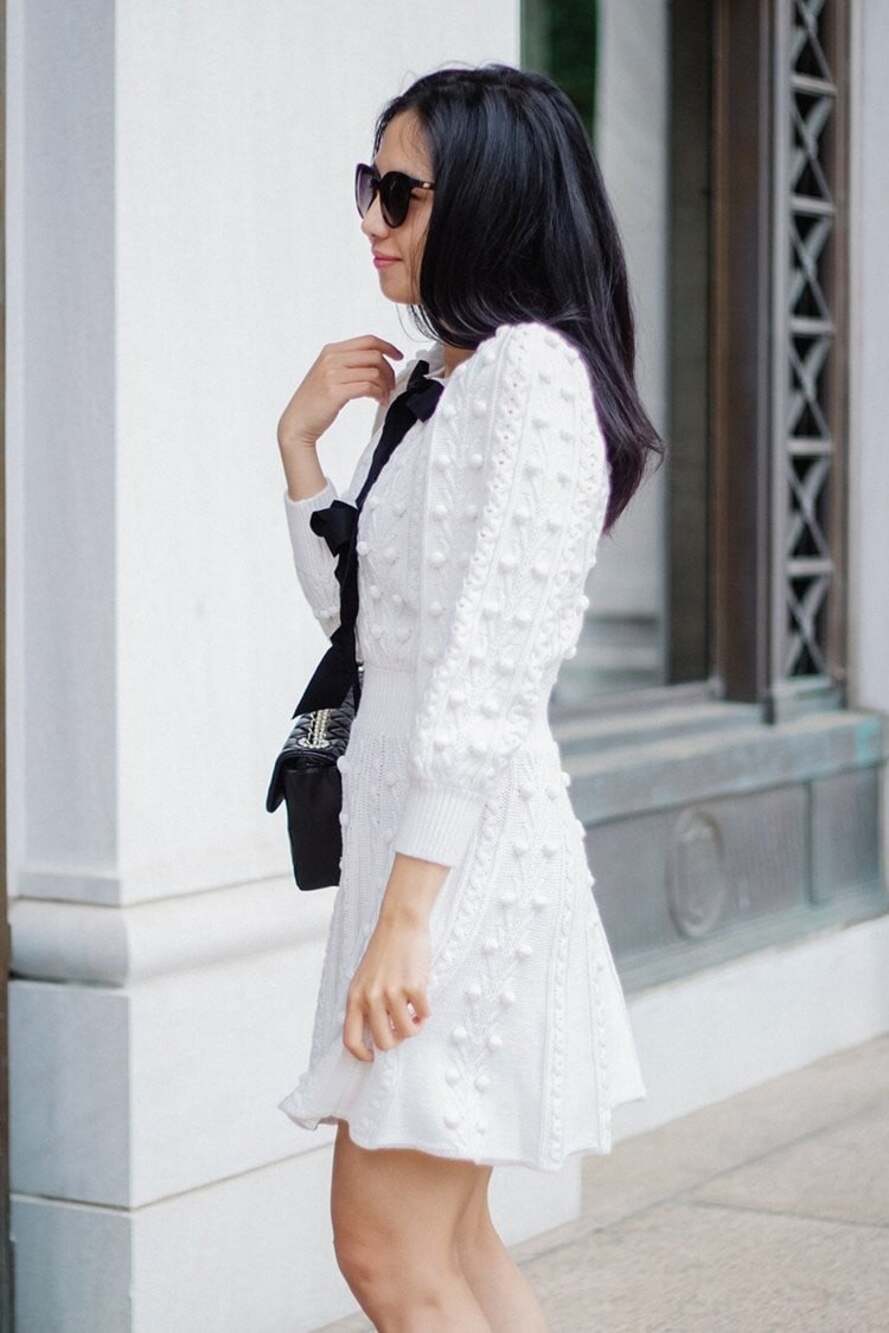Alice and Olivia Kitty Bow Front Sweater White Dress Large - Picture 6 of 12